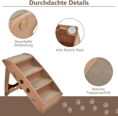 4-Tier Pet Stairs with Carpeted,  Portable Pet Stairs for Dogs and Cats, Animal Ramp for Climbing and Scratching (Brown)