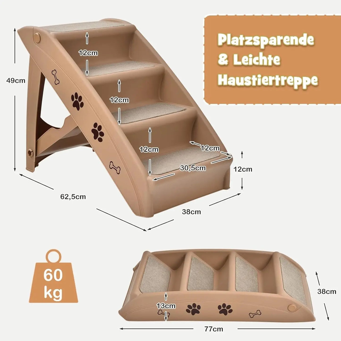 4-Tier Pet Stairs with Carpeted,  Portable Pet Stairs for Dogs and Cats, Animal Ramp for Climbing and Scratching (Brown)