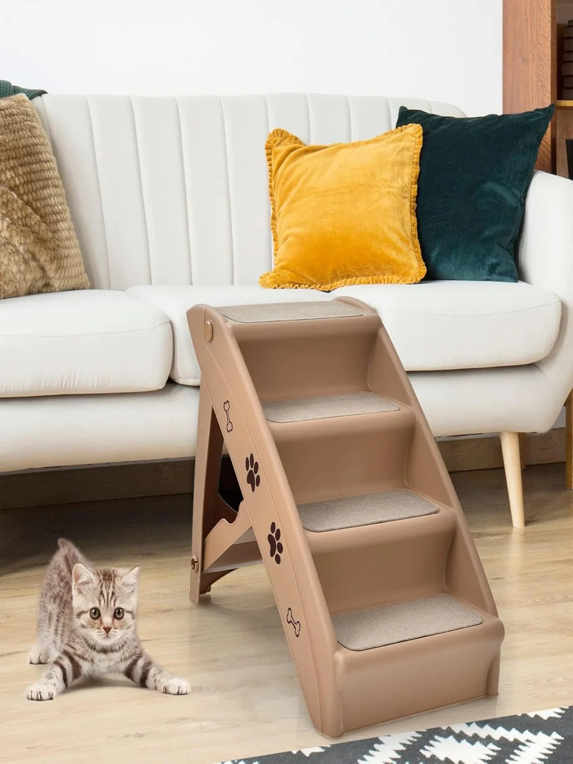 4-Tier Pet Stairs with Carpeted,  Portable Pet Stairs for Dogs and Cats, Animal Ramp for Climbing and Scratching (Brown)
