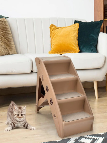 4-Tier Pet Stairs with Carpeted,  Portable Pet Stairs for Dogs and Cats, Animal Ramp for Climbing and Scratching (Brown)